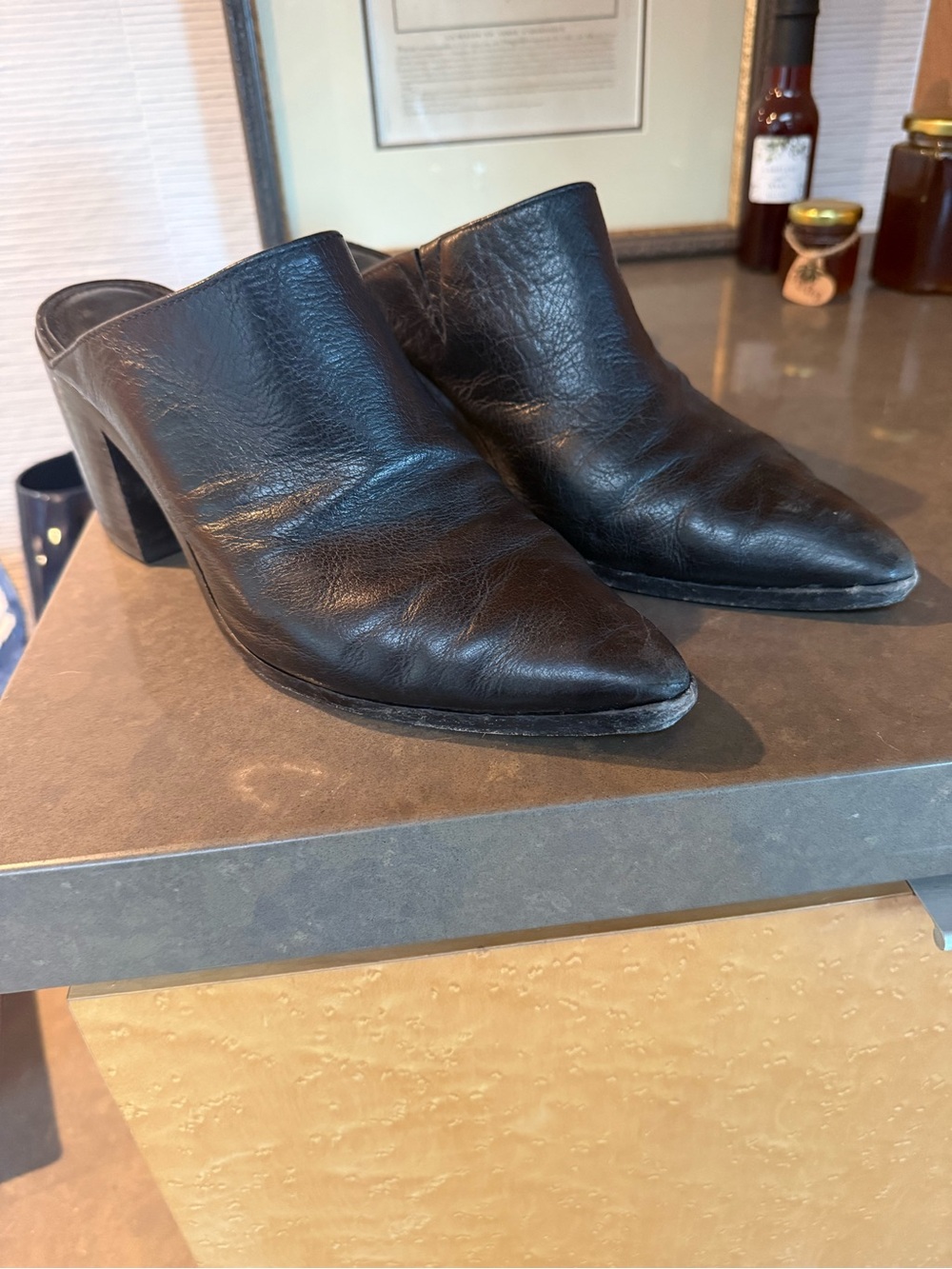Frye Black Leather Pointed-Toe Mule Heels